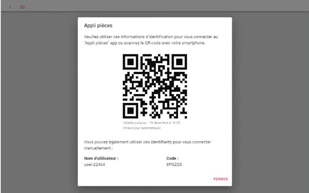 Données d'accès à l'application mobile de pièces de rechange