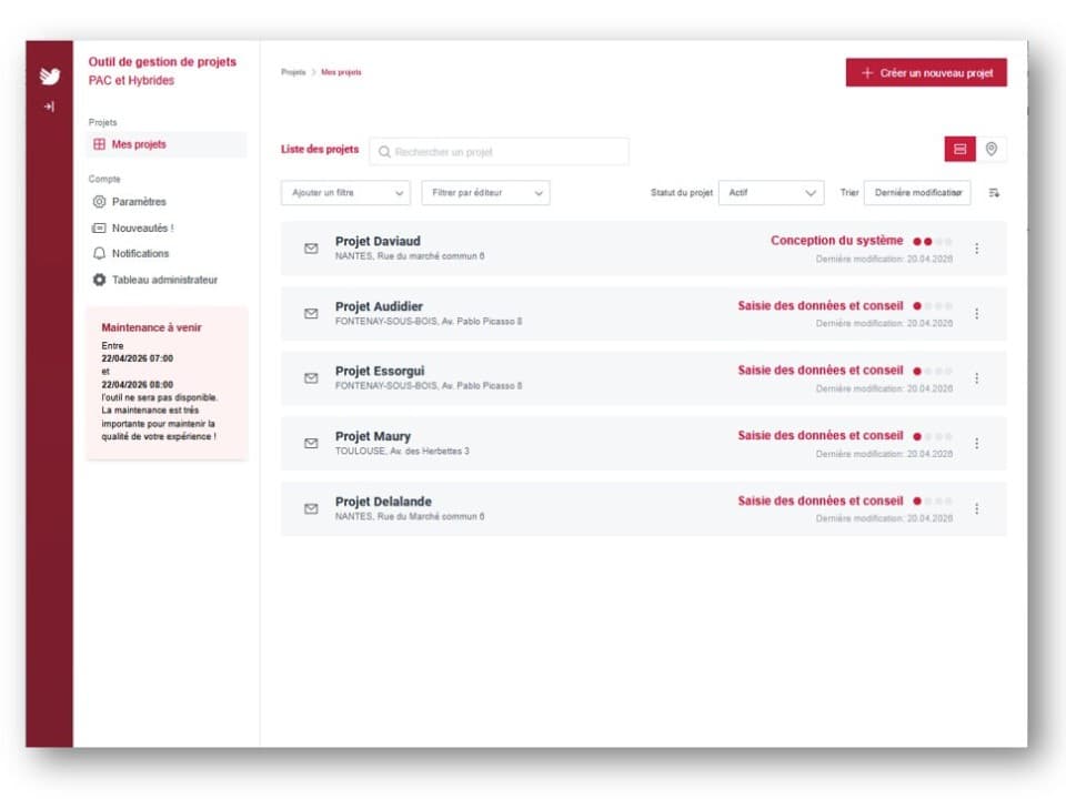 Outil de gestion de projet PAC et hybride - Tableau de bord